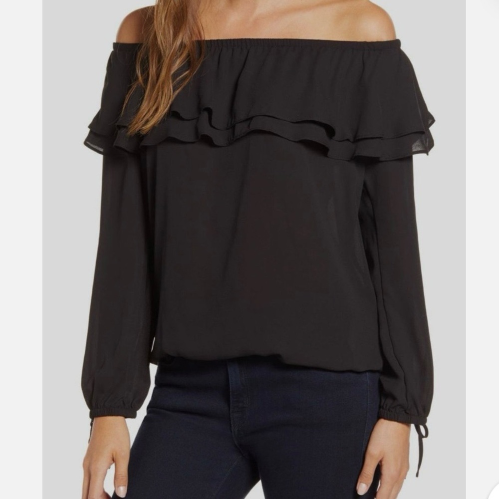 MICHAEL Michael Kors off-the-shoulder ruffle black top self-tie sleeve Med EUC